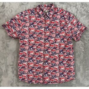 Oliver & Burke Button Up Shirt Mens L Red White Blue Firework Rayon Blend Cuffed